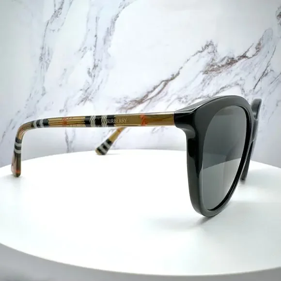 New Burberry Sunglasses Black Front Round Pantos Frame Checkered Arms Gray Lens - Picture 16 of 16